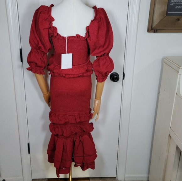 Rachel Parcell Red Smocked Midi Dress Size Small Holiday Christmas Party Dress - Picture 6 of 10